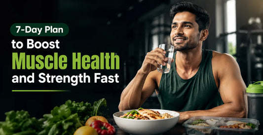 Athletic man drinking water with high-protein meal and greens - best 7-day muscle boost calorie plan to build muscle health and strength fast.