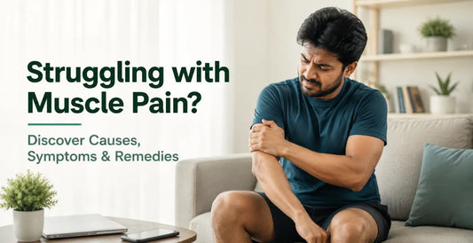 Man struggling with arm muscle pain on couch - complete guide to muscle pain causes, symptoms, and natural remedies for faster muscle health recovery.