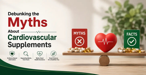 Debunking myths about cardiovascular supplements with a balanced heart, myths vs facts signs, and evidence-based heart health concepts.