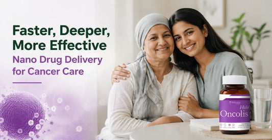 Mother with cancer headscarf hugging daughter beside Holo Oncolis - nano drug delivery supplement for holistic cancer care, faster and more effective treatment support.
