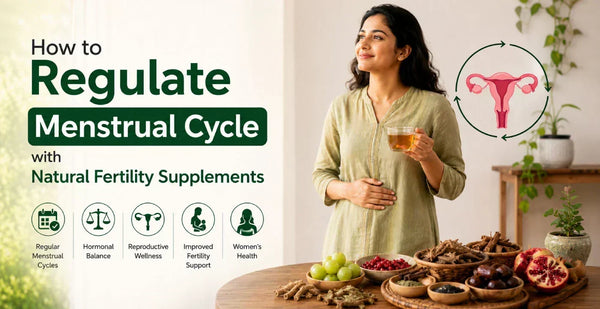 Woman with herbal tea beside Ayurvedic herbs and uterus cycle icon showing natural fertility supplements to regulate menstrual cycle
