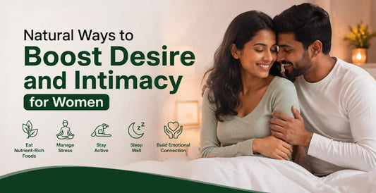 Couple sharing an intimate moment with lifestyle icons showing natural ways to boost desire and intimacy for women