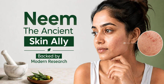 Woman with acne closeup beside neem leaves and mortar showing Neem as an ancient research-backed skin ally for acne treatment