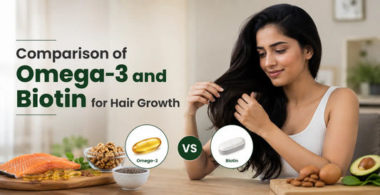 Comparison of Omega-3 and biotin for hair growth with nutrient-rich foods, supplements, and healthy-looking hair.