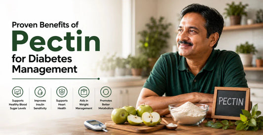 Middle-aged man with pectin supplement, green apples, and blood glucose meter - best pectin for diabetes management and natural blood sugar control.