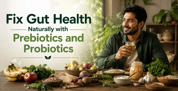 Man holding a green juice surrounded by prebiotic and probiotic foods - fruits, oats, fermented foods, and greens - to fix gut health naturally.