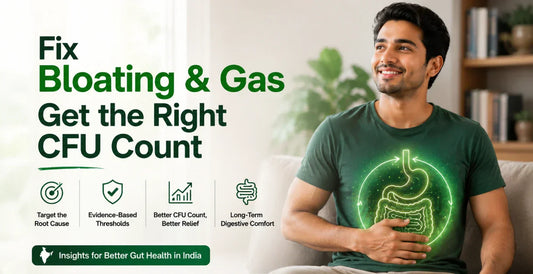Smiling man with glowing digestive system illustration showing how the right probiotic CFU count helps fix bloating and gas