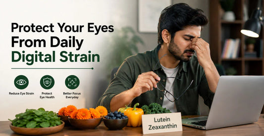 Man experiencing digital eye strain at laptop with lutein zeaxanthin foods nearby - best eye supplements to reduce screen strain and protect vision daily.