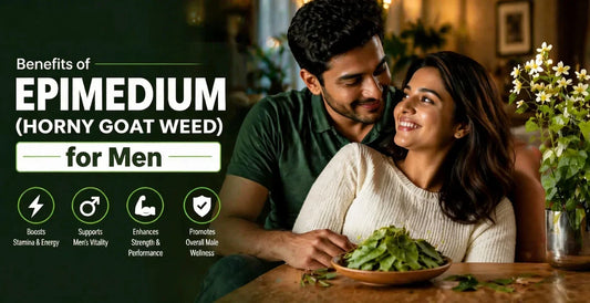 Couple smiling together beside a bowl of Epimedium leaves showing proven benefits of Horny Goat Weed for men's vitality