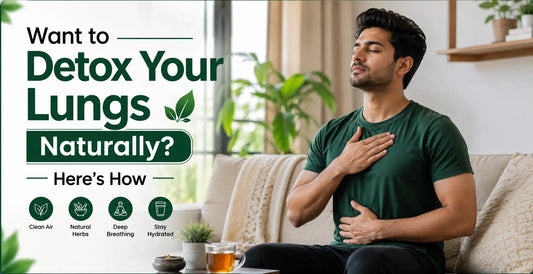 Man practicing deep breathing on sofa with herbal tea showing proven tips for natural lung detox with herbs and clean air