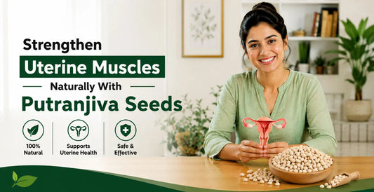 Smiling woman holding uterus model beside a bowl of Putranjiva seeds to strengthen uterine muscles naturally and safely