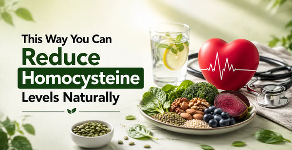 Heart-healthy foods including leafy greens, nuts, seeds, and beets highlighting natural ways to reduce homocysteine levels.