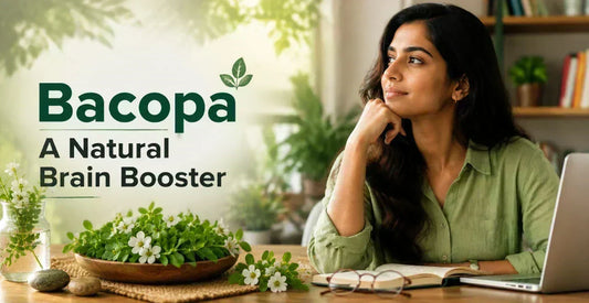 Woman thinking at a desk with fresh Bacopa monnieri plant nearby — Bacopa, a natural brain booster for memory and focus.