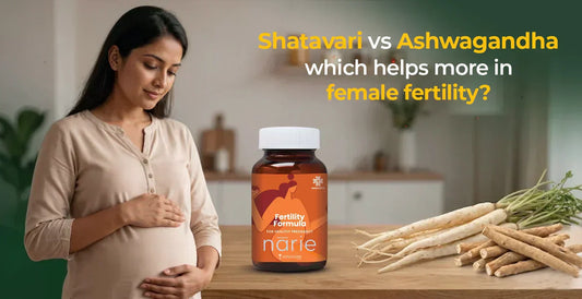 Pregnant woman with fertility supplement bottle containing Shatavari, Ashwagandha herbs.