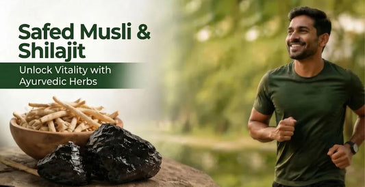 Fit man jogging outdoors beside raw Shilajit resin and wooden bowl of Safed Musli roots to unlock vitality with Ayurvedic herbs