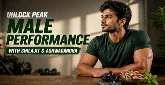 Fit man at gym table with raw Shilajit resin and Ashwagandha roots to unlock peak male performance and vitality