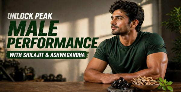 Fit man at gym table with raw Shilajit resin and Ashwagandha roots to unlock peak male performance and vitality