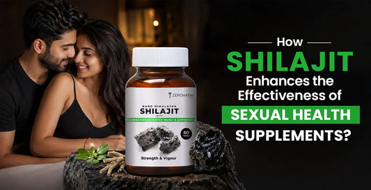 Couple in intimate moment beside ZeroHarm Nano Himalayan Shilajit supplement with Ashwagandha, Safed Musli and Gokshura