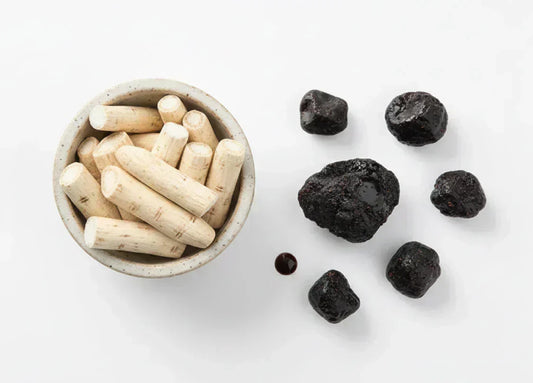 A small bowl containing several white cylindrical pieces, with black resin-like stones scattered around it. The items represent ayurvedic superfoods, including safed musli and shilajeet rasayan vati: ayurvedic superfoods for vitality.