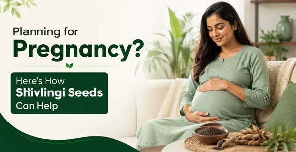 Pregnant woman cradling baby bump with Shivlingi black seeds and dry roots nearby for Ayurvedic pregnancy support