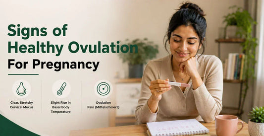 Woman checking ovulation test with fertility calendar - signs of healthy ovulation for pregnancy including cervical mucus, basal temperature, and ovulation pain.