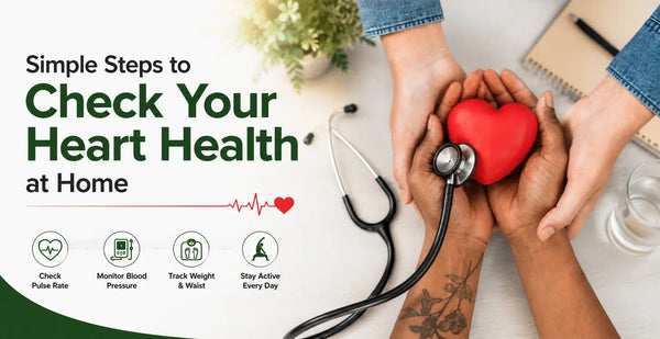 Red heart held in hands with stethoscope nearby - simple steps to check and monitor heart health at home.