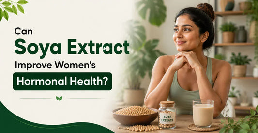 Relaxed woman beside a bowl of soybeans, Soya Extract jar and soy milk glass to improve women's hormonal health naturally