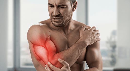 An image of a man holding his shoulder in pain, with a red glow around his arm indicating discomfort or injury.