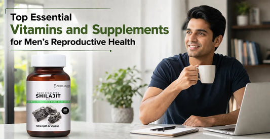 Smiling man holding coffee cup beside ZeroHarm Nano Himalayan Shilajit supplement for men's reproductive health