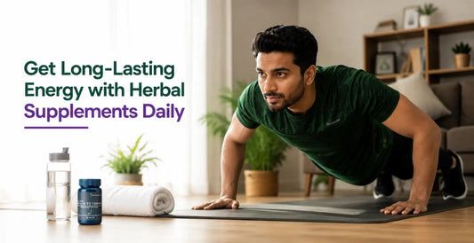 Man exercising at home with herbal energy supplement beside yoga mat - natural herbal supplements for long-lasting daily energy, stamina, and workout endurance.