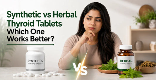 Woman choosing between synthetic and herbal thyroid tablets - which thyroid supplement works better for natural hormone balance and thyroid health.
