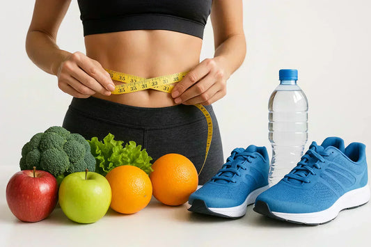 A person measuring their waist with a tape measure, surrounded by healthy foods including broccoli, lettuce, apples, and oranges. A bottle of water and a pair of blue athletic shoes are also visible. The image emphasizes natural weight loss.