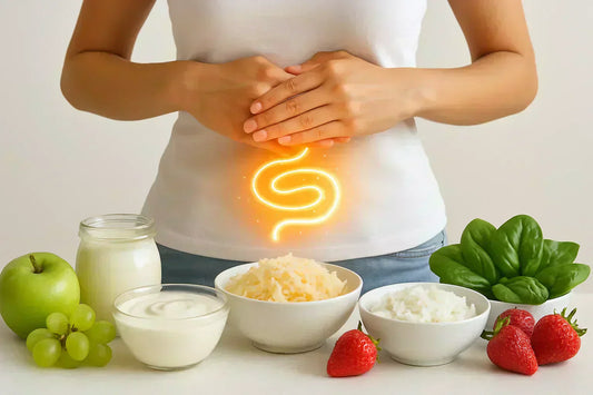 A woman with her hands on her stomach, surrounded by bowls of yogurt, rice, sauerkraut, and fresh fruits like strawberries and grapes. The image includes a glowing spiral graphic, symbolizing digestive health and probiotics for improved digestion.