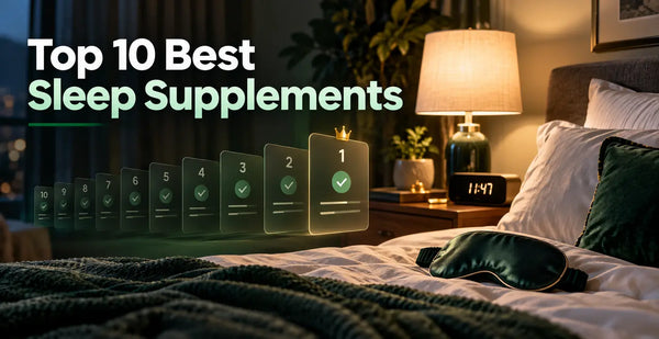 Bedroom with sleep mask, bedside lamp and ranked cards from 10 to 1 beside the headline Top 10 Best Sleep Supplements list