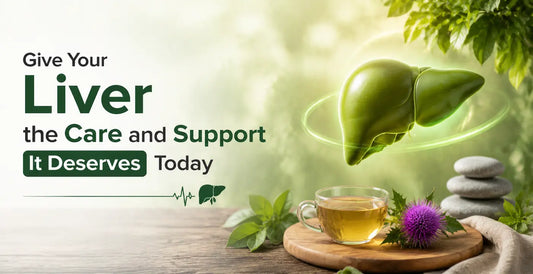 Natural liver wellness banner with green liver graphic, herbal tea, milk thistle, and message about liver care and support.