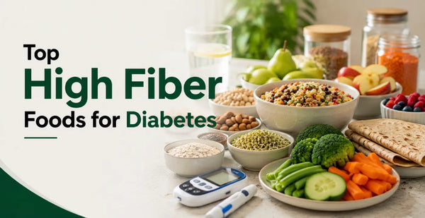 Array of high fiber foods - broccoli, sprouts, oats, lentils, and fruits with blood glucose meter - top high fiber foods for diabetes and steady blood sugar.