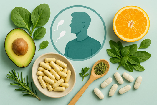 An arrangement of foods and supplements emphasizing men's reproductive health, including avocados, spinach, orange slices, and various capsules.