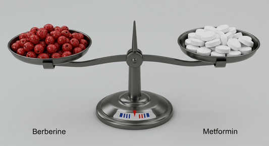 An illustration of a balance scale comparing berberine (represented by berberine fruits) and metformin (represented by white tablets), with labels beneath each side.