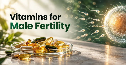 Vitamin capsules and softgels on a dish beside sperm approaching an egg, highlighting vitamins for male fertility support