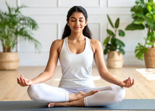 A woman practicing yoga and meditation in a serene, plant-filled room, symbolizing wellness and hormonal balance, as part of a healthy lifestyle.