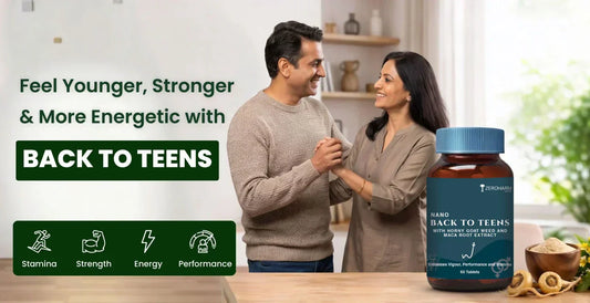 Happy couple holding hands beside ZeroHarm Back to Teens male vitality supplement with Maca Root and Horny Goat Weed