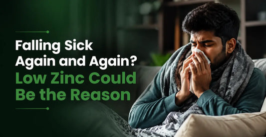 Low zinc may contribute to frequent illness, shown by a sick man with cold symptoms and fatigue.