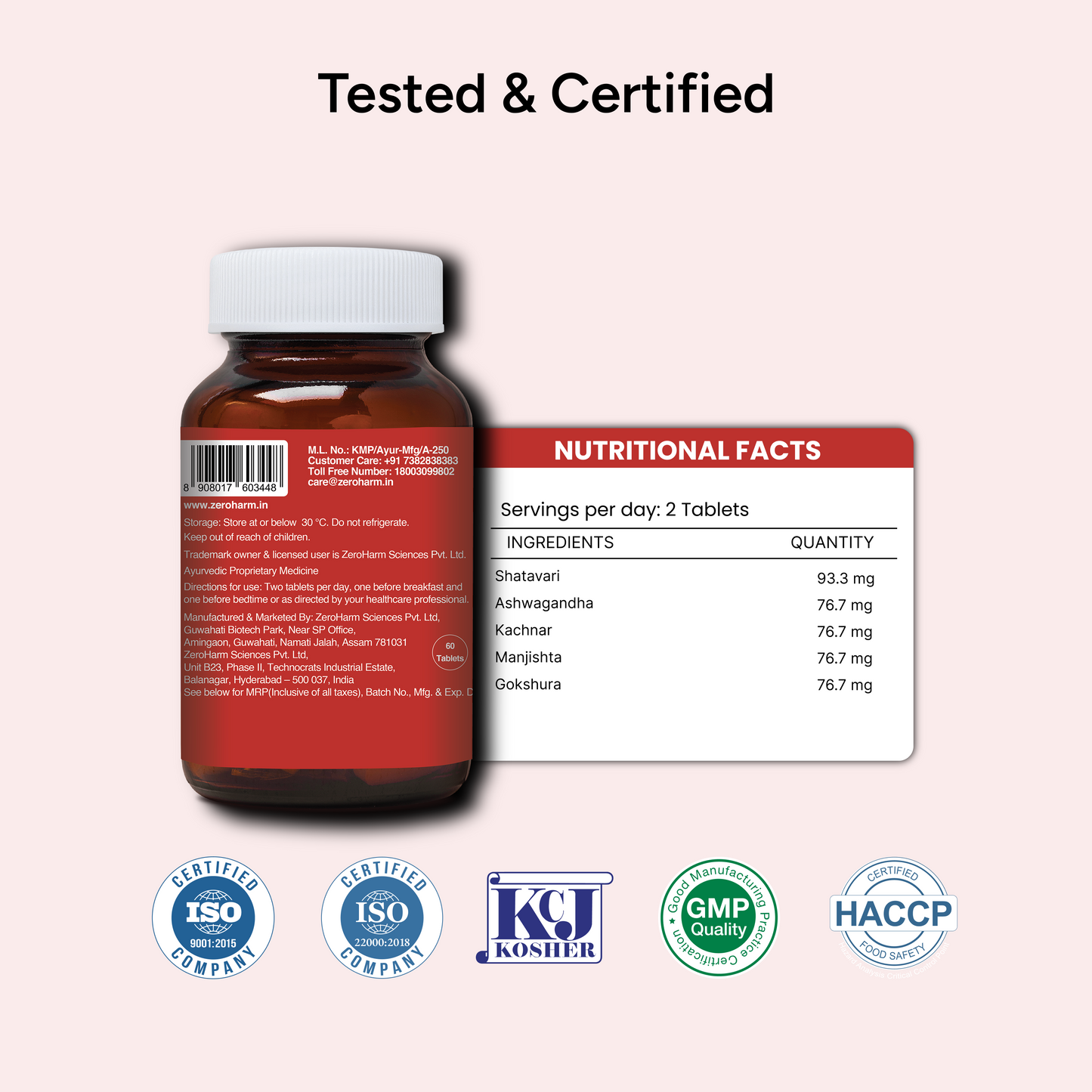 Back view of a Narie PCOS/PCOD Care supplement bottle beside a nutritional facts panel listing plant-based ingredients-Shatavari, Ashwagandha, Kachnar, Manjishta, and Gokshura-with quantities per serving, along with ISO, GMP, HACCP, and Kosher certification badges indicating tested and certified quality.