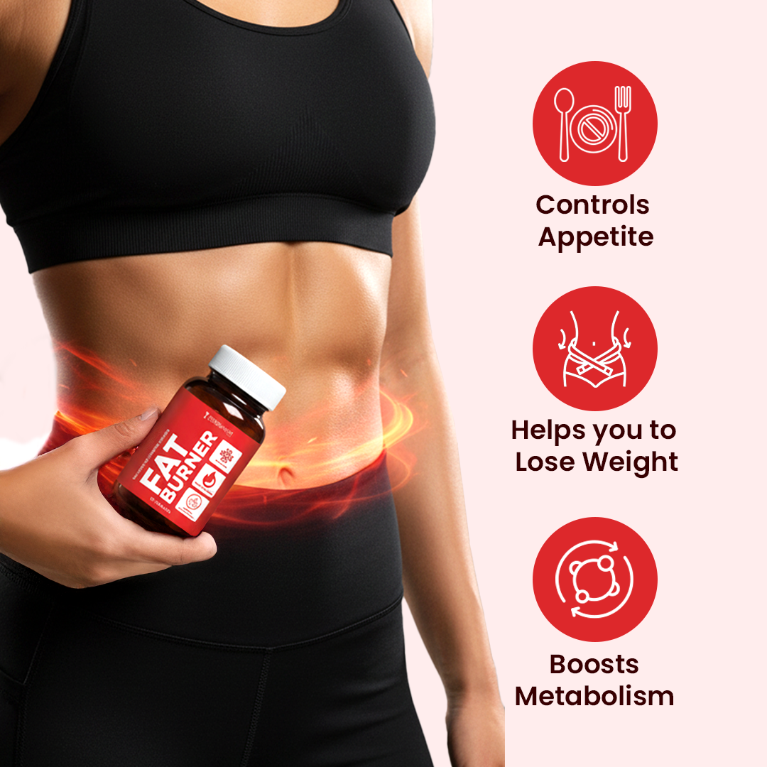 Fat burner supplement bottle held by a fit woman’s torso, highlighting appetite control, weight loss support, and metabolism boost benefits.