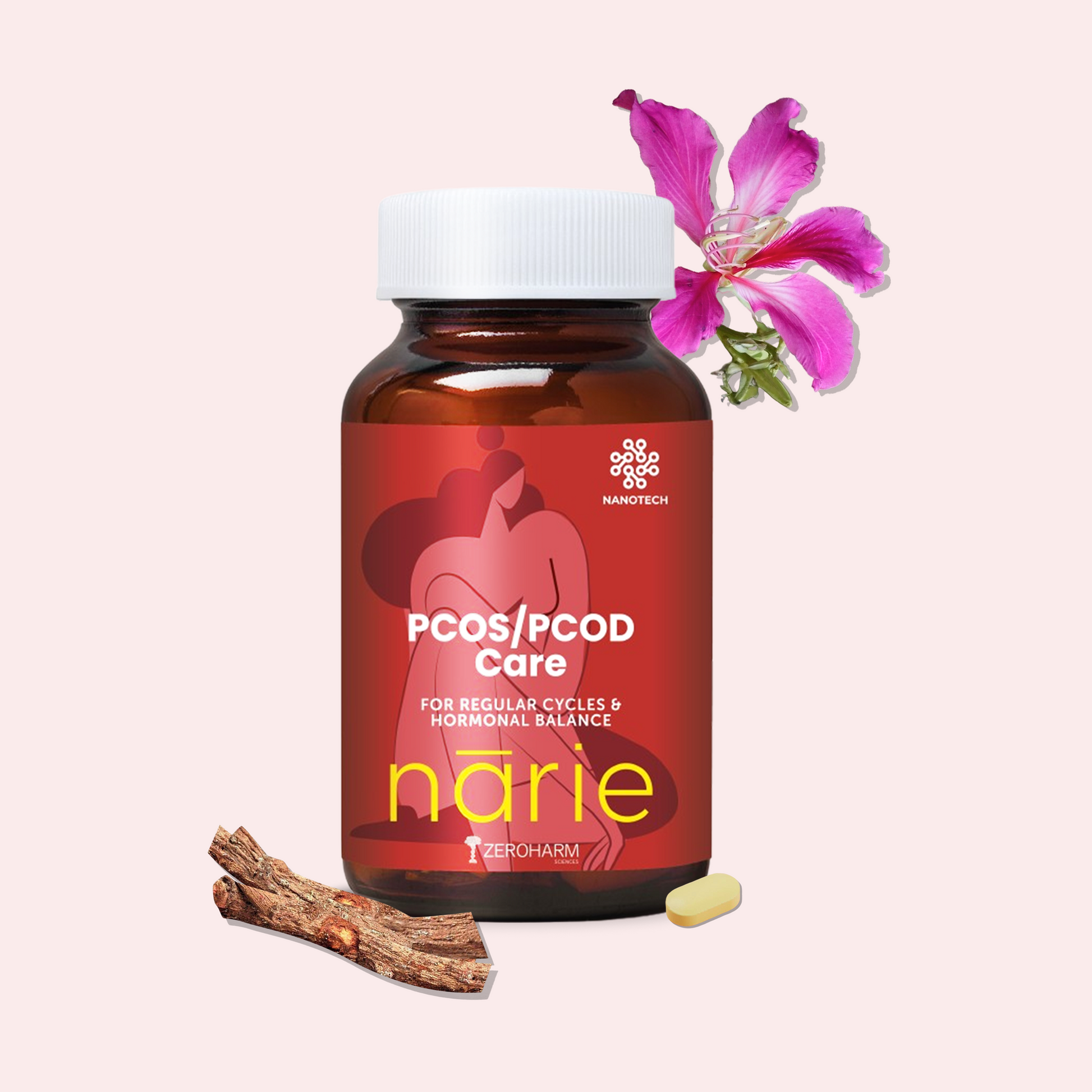 Zeroharm Narie PCOS/PCOD Care supplement bottle on a soft pink background, featuring a floral accent and a tablet, formulated with Ayurvedic ingredients Kachnar and Manjistha to support hormonal balance and regular menstrual cycles.