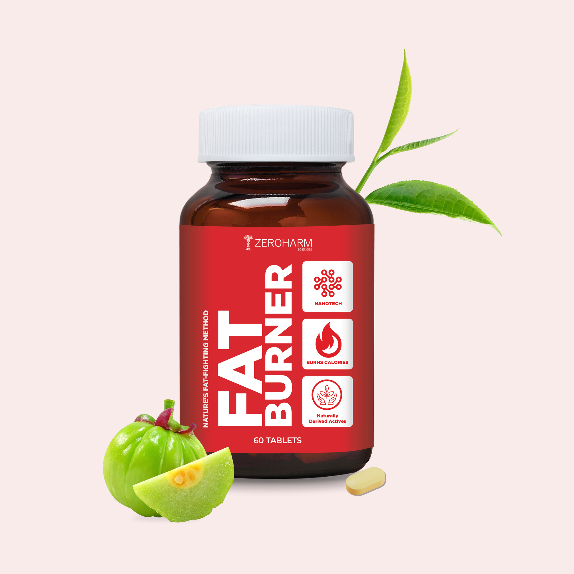 ZeroHarm Fat Burner dietary supplement bottle with green garcinia fruit and herbal leaves, plant-based weight loss tablets for metabolism and fat burning support.