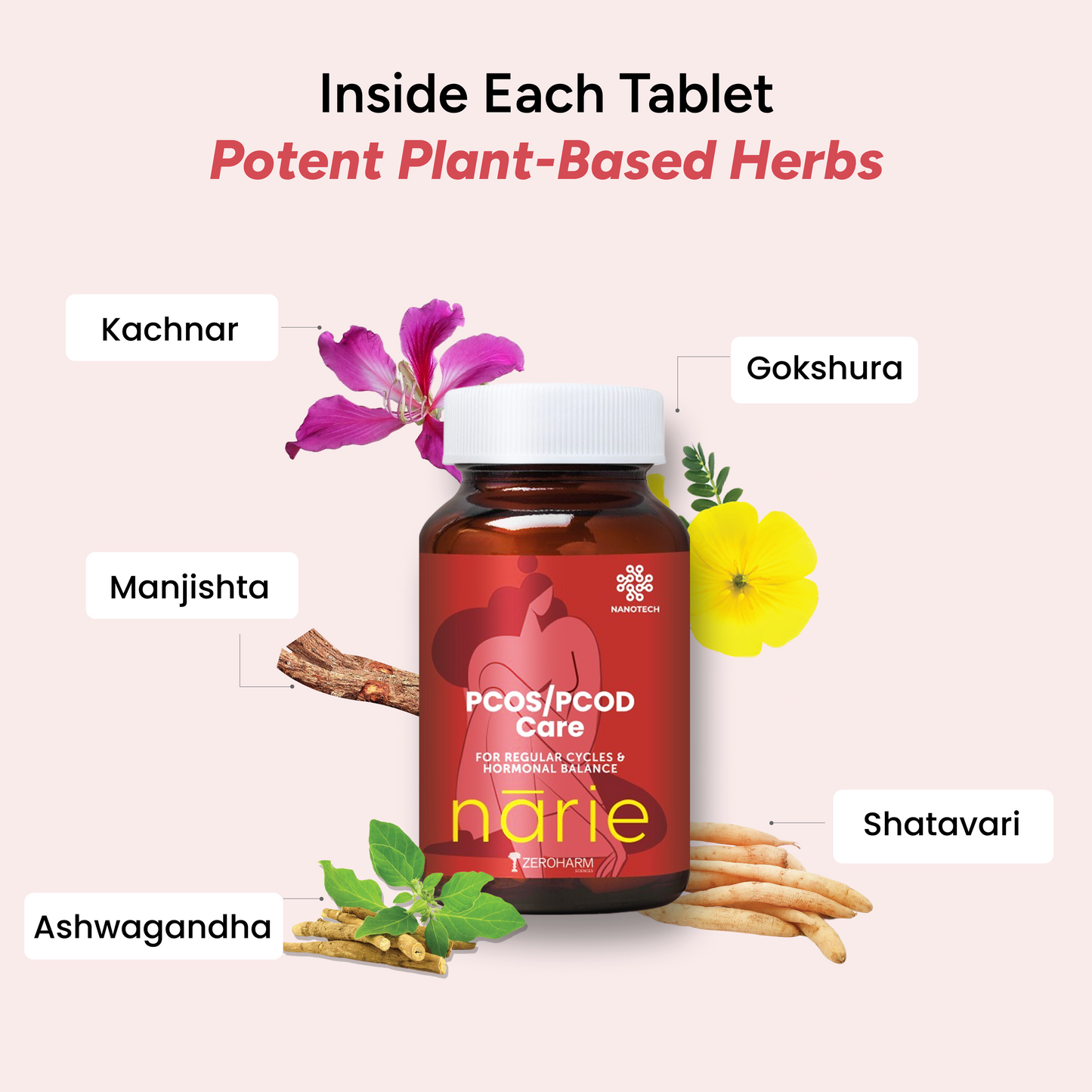 Bottle of ZeroHarm Nārīe PCOS/PCOD Care placed on a soft pink background, surrounded by plant-based herbs including Kachnar flower, Manjishta root, Gokshura flower, Shatavari roots, and Ashwagandha, highlighting natural ingredients for hormonal balance and regular cycles.