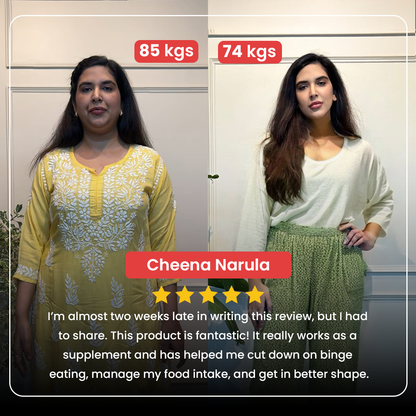 Before and after weight loss transformation of a woman, showing progress from 85 kg to 74 kg after using a fat burner supplement, with a five-star customer review highlighting reduced binge eating and improved fitness.