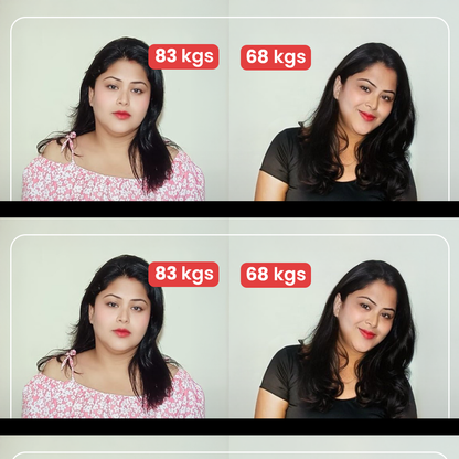 Before and after weight loss transformation of a woman, showing change from 83 kg to 68 kg, highlighting visible body transformation and improved appearance after following a weight loss program.