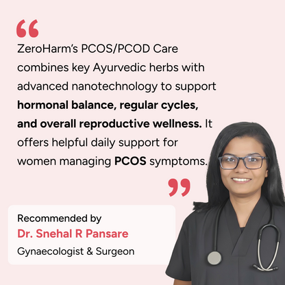 Promotional graphic featuring a female doctor with a stethoscope recommending ZeroHarm PCOS/PCOD Care, with text explaining that the formula combines Ayurvedic herbs and advanced nanotechnology to support hormonal balance, regular menstrual cycles, and overall reproductive wellness for women managing PCOS symptoms.